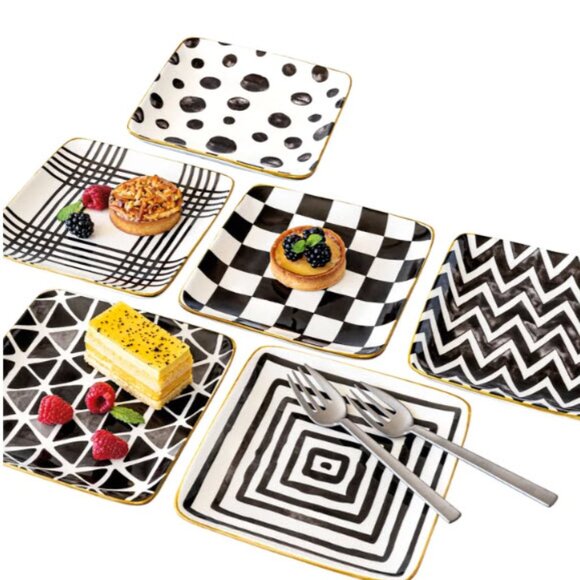 NEW Appetizer Dessert Ceramic Square Plates by Over & Back - Black/White NIB  7” - Picture 2 of 7